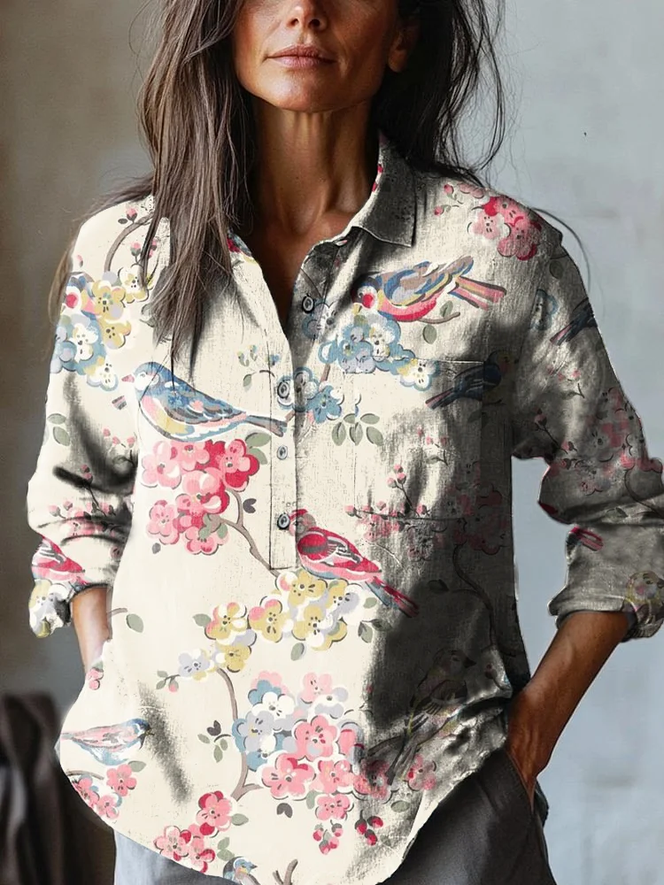 Women's Vintage Magpie Art Print Casual Cotton and Linen Shirt