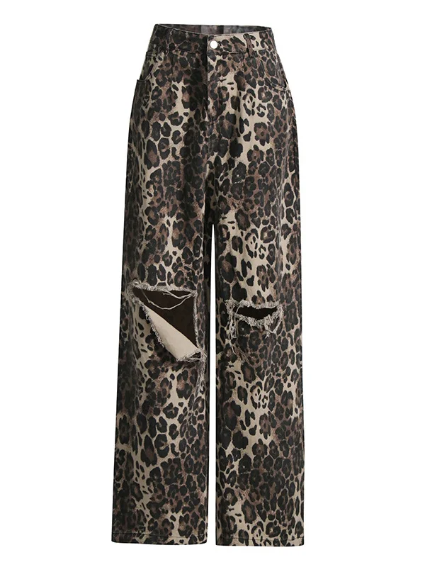 Leopard Printed Ripped Split-Joint High Waisted Loose Jean Pants Bottoms