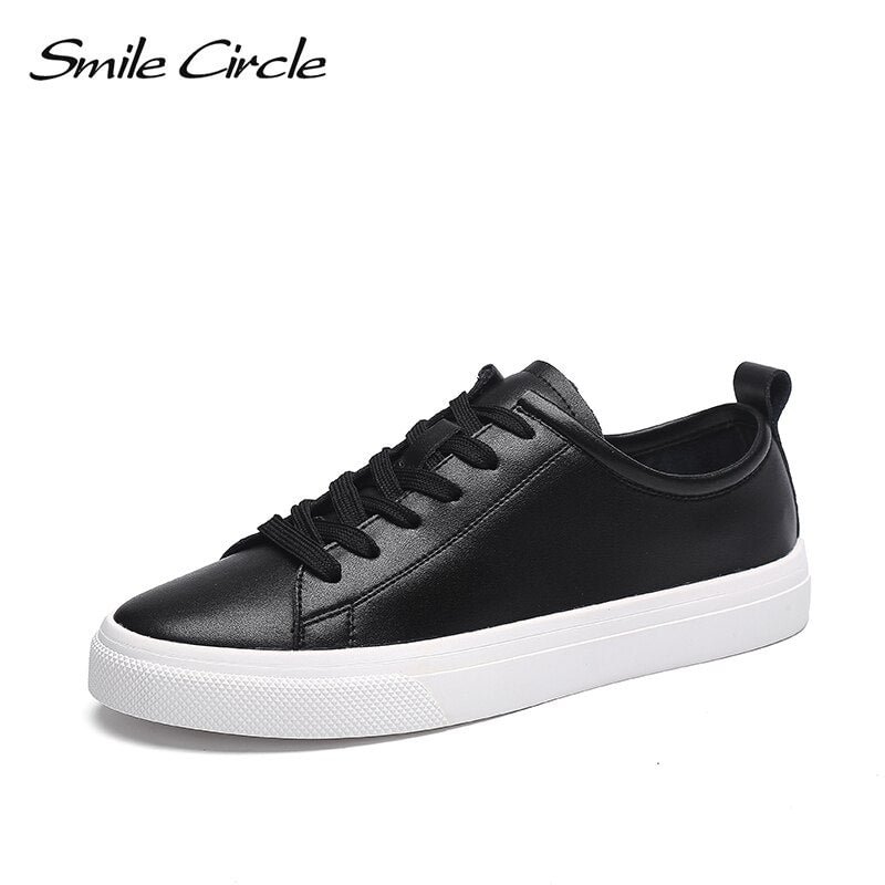 Smile Circle Women Sneakers Flat Platform shoes white Casual Genuine Leather Soft bottom shoes student