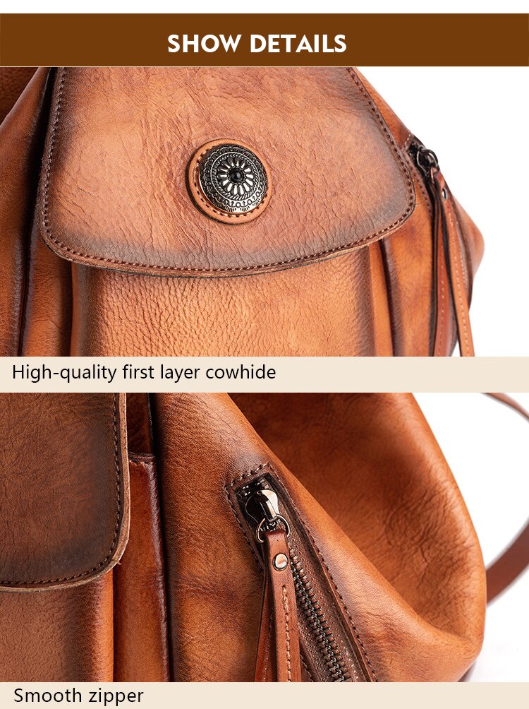 Zipper and Cowhide Material of Woosir Vintage Women Backpacks Cowhide Leather