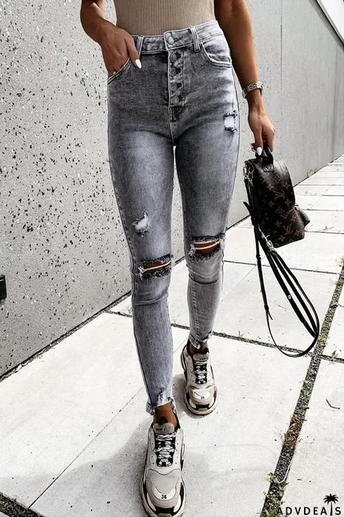 Grey Ripped High Waist Skinny Jeans