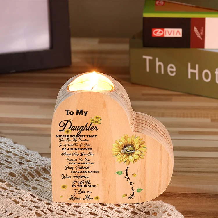 For Daughter-Personalized Wooden Heart-shaped Candle Holder Sunflower Candlesticks "You Are My Sunshine"