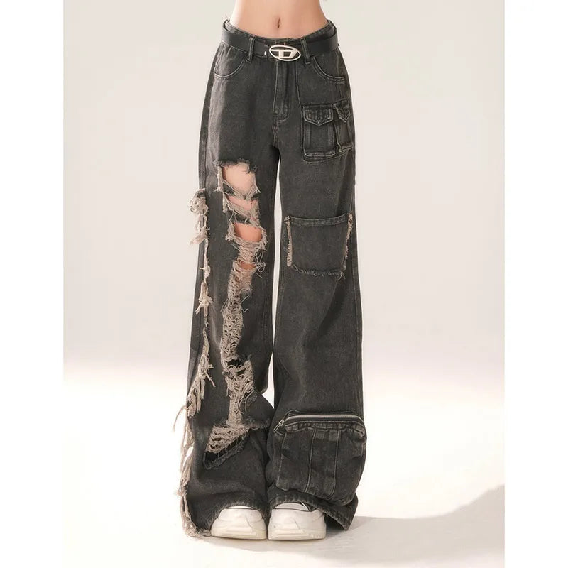 Aiertu High Waist Ripped Women's Black Jeans Hip-hop Style Fashion Vintage Streetwear Y2K Wide Leg Jean 2024 Trouser Baggy Denim Pants Aiertu