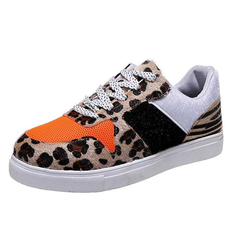 Casual Sneakers Shoes Leopard Patchwork Women Flats Lace Up Breathable Vulcanized Shoes For Female Autumn Ladies Walking Shoes
