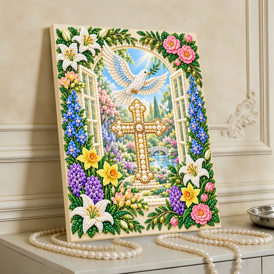 Pearl Painting Kit for Adults Cross Dove Floral with Frame 11.81x15.75in