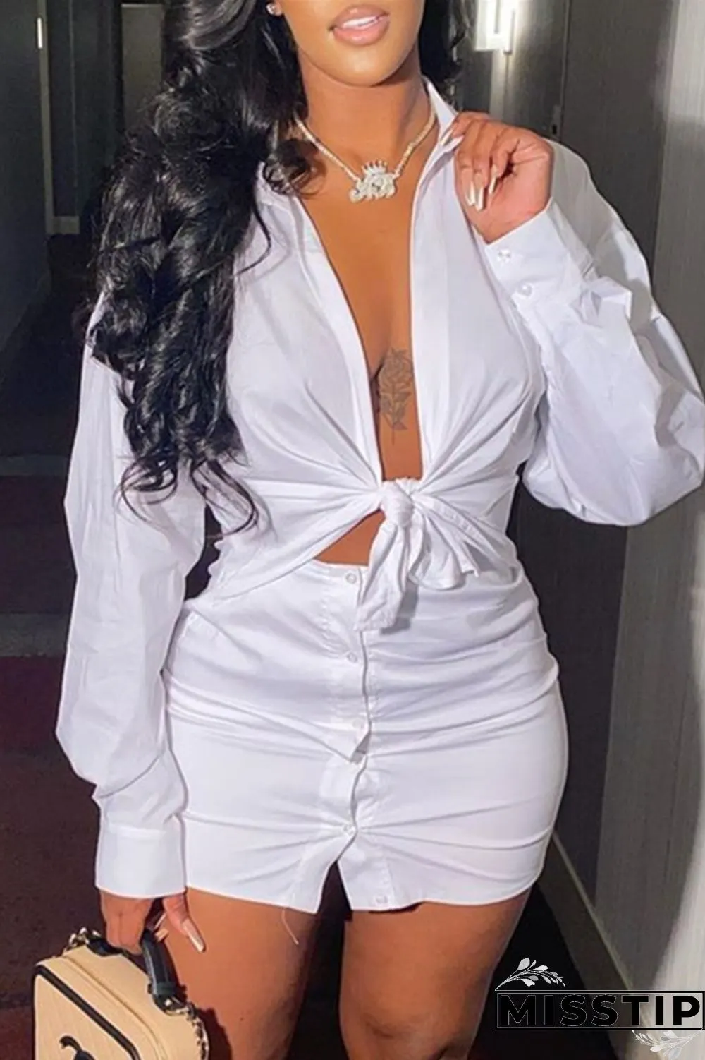 Coffee Fashion Sexy Solid Basic Turndown Collar Long Sleeve Two Pieces