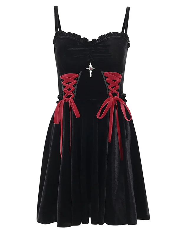 Gothic Dark Cross Bandaged Velvet Spaghetti V Neck Bodycon Dress