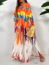 Colorful Feathers Print V-neck Side Slit Casual Maxi Dress