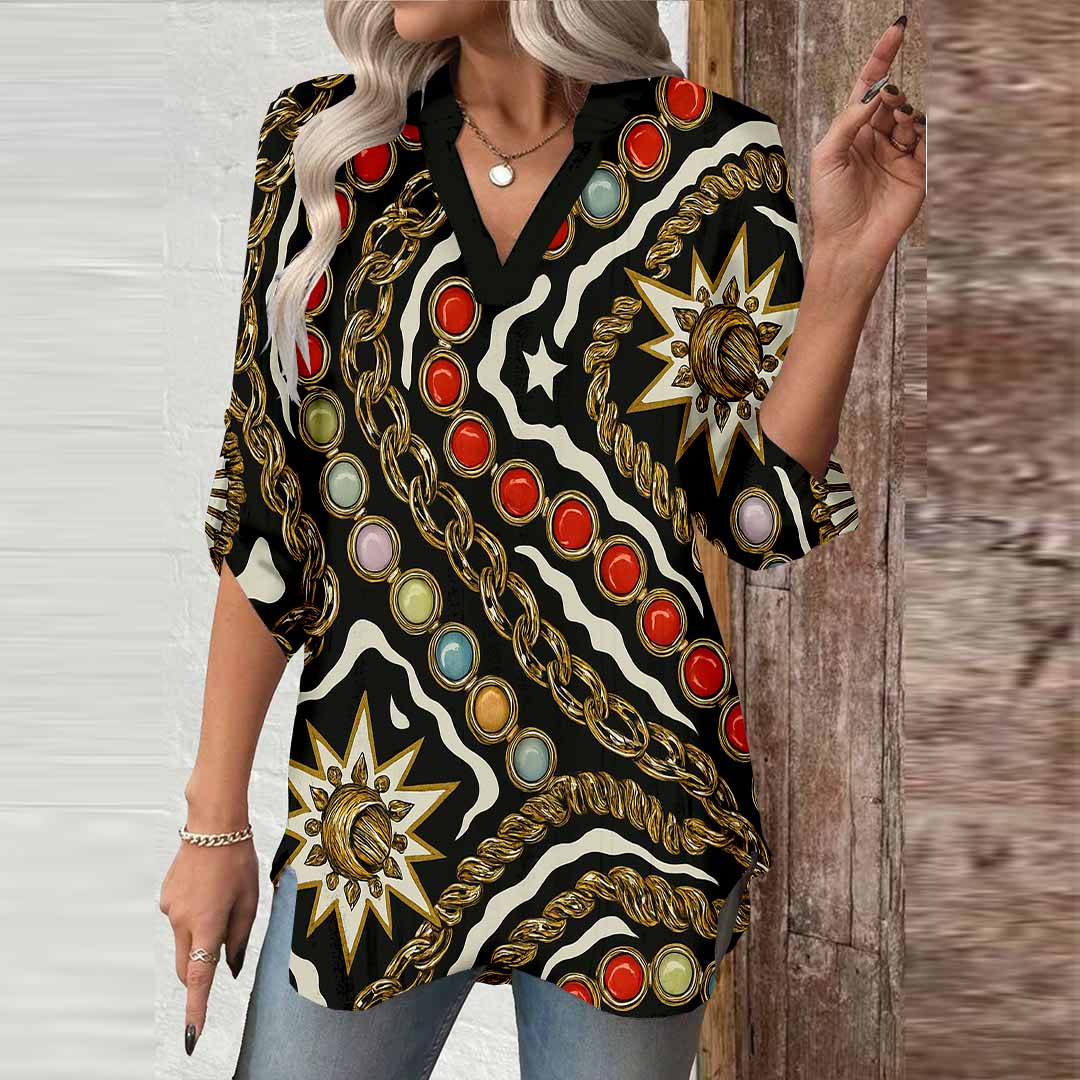 Women Chain, Black, Red DZGA0118 3/4 Sleeve V-neck Printed Graphic Button Tops