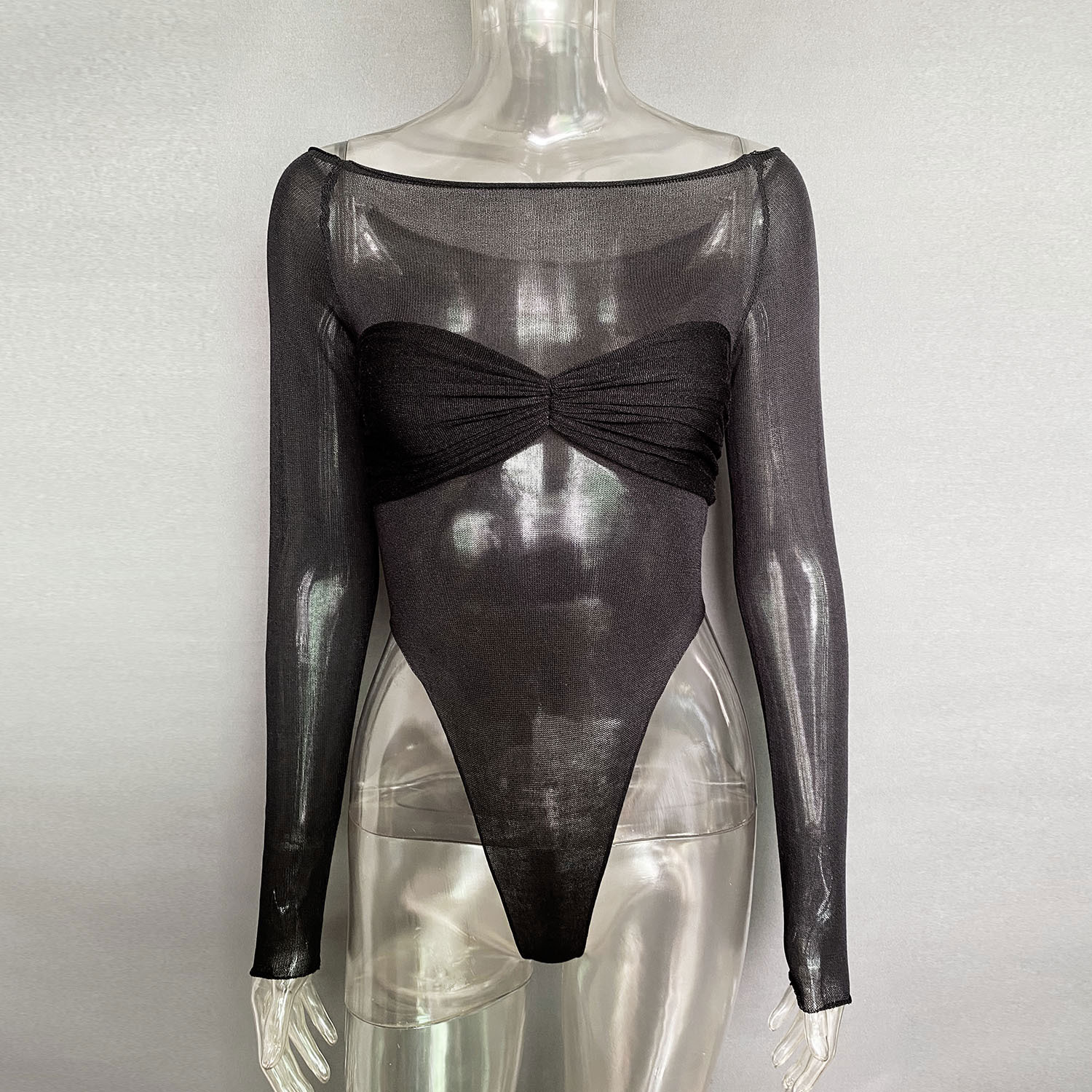 Ootddress Sheer Sexy Bodysuit Lingerie Mesh See-Through Body Tops Women 2025 New Long Sleeve Twist Wrap Backless Top Tees Bodysuits