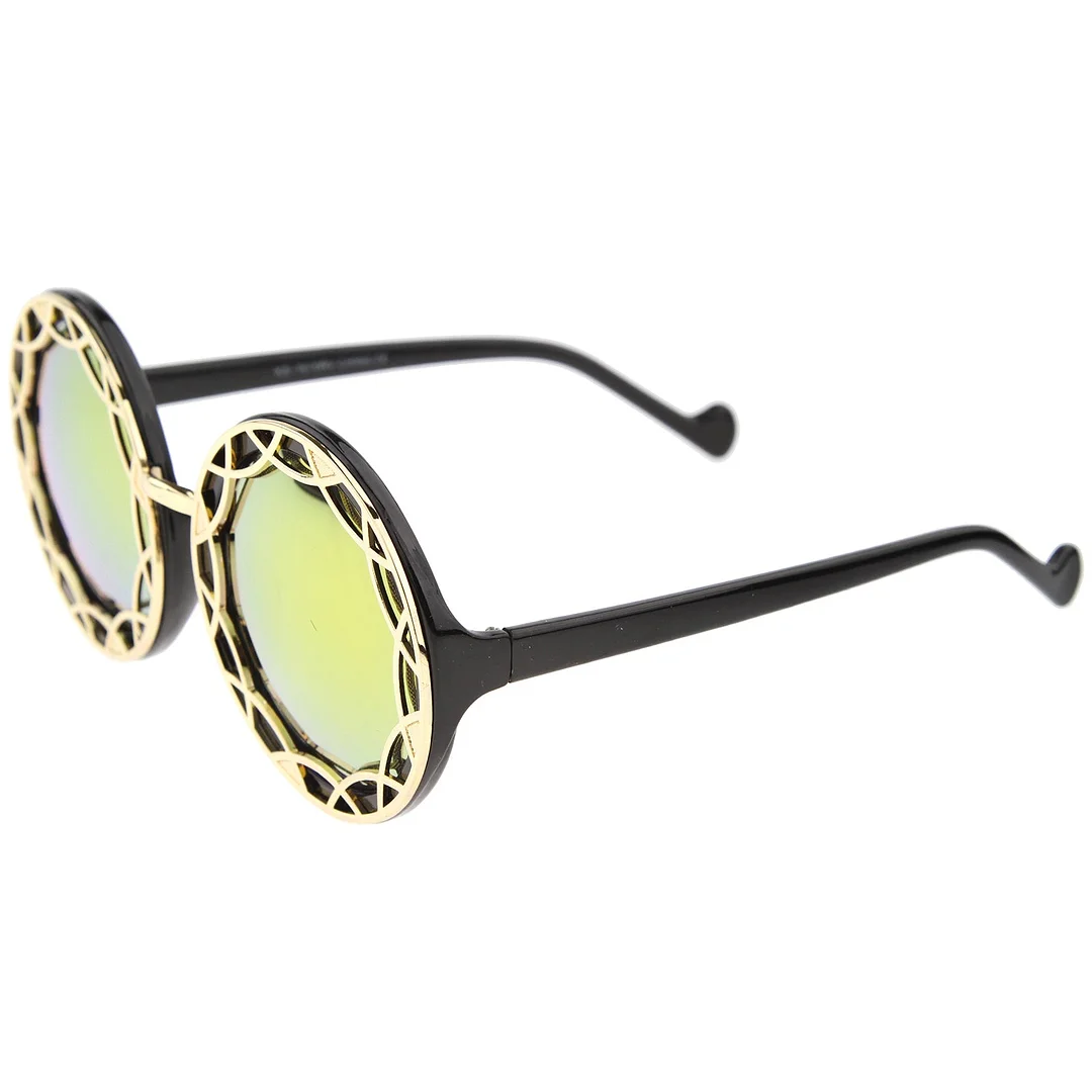 Women's Oversize Ornate Flat Pattern Color Mirror Lens Round glasses 55mm