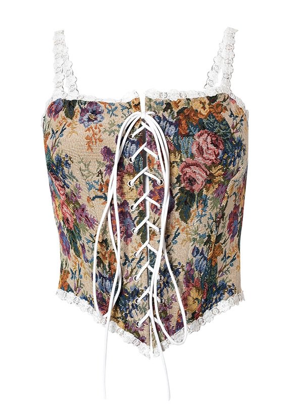Vintage Lace Up Floral Paneled Asymmetrical Corset Crop Top