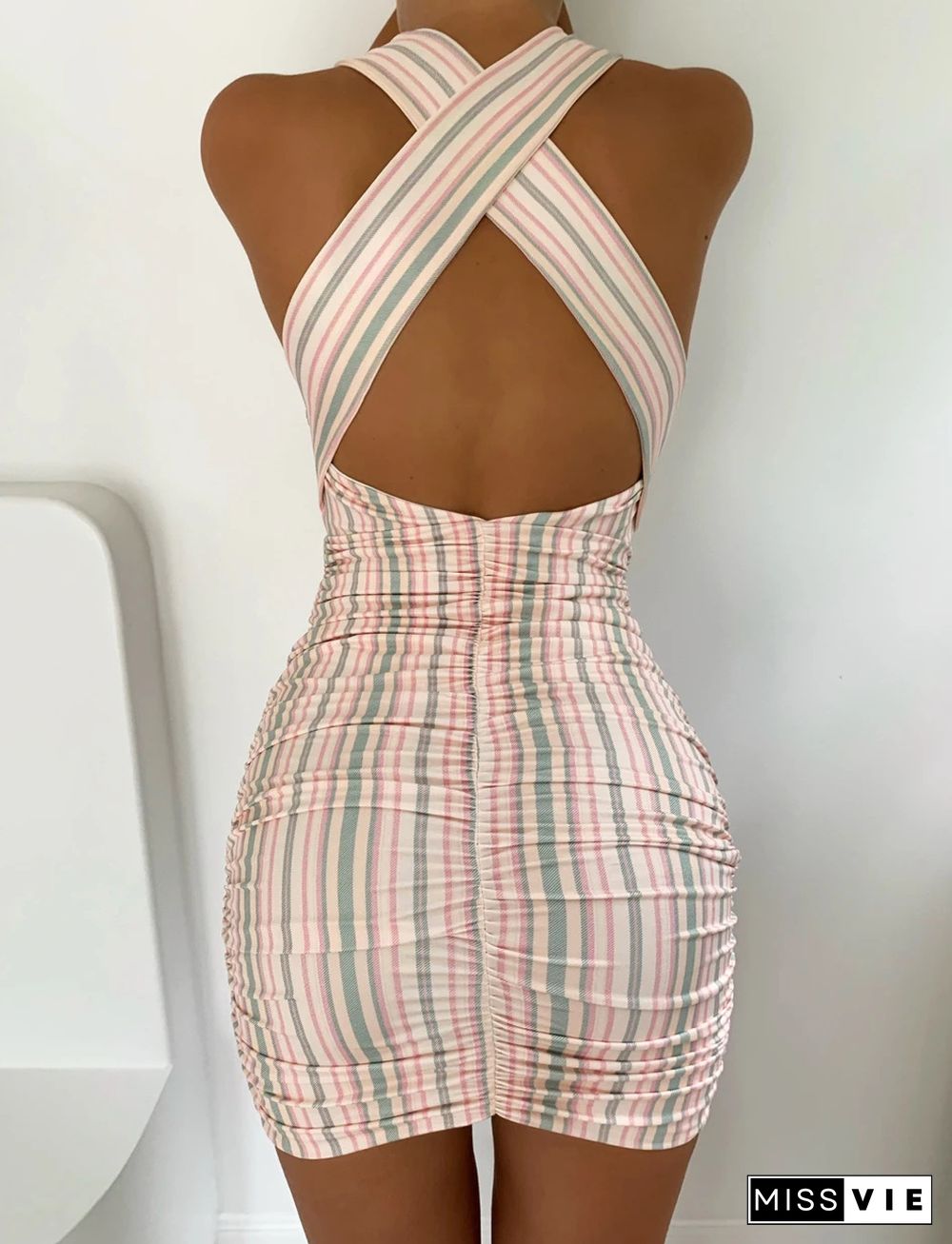 New Fashion Deep V-Neck Striped Women Sexy Sleeveless Stretch Bodycon Mini Dress