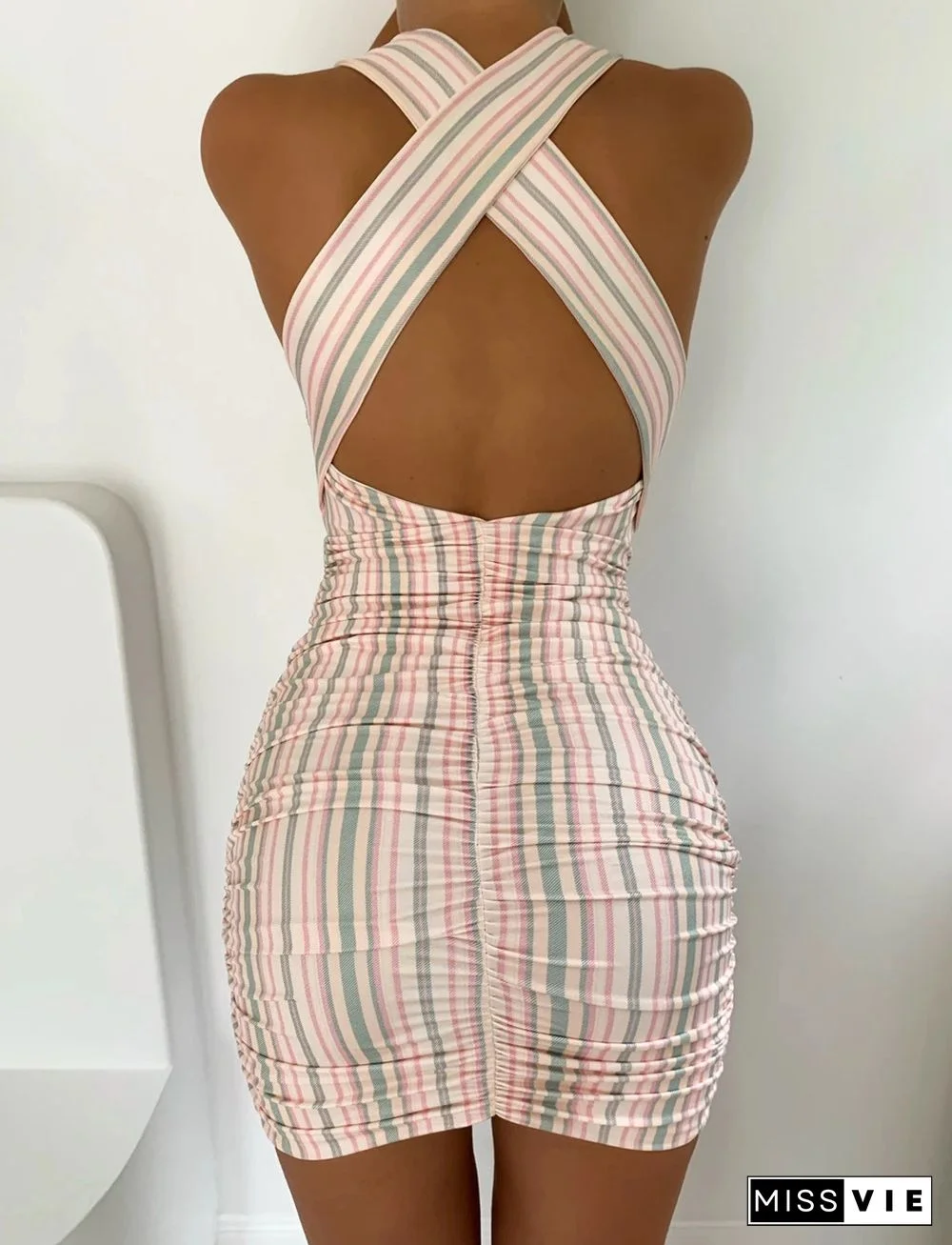 New Fashion Deep V-Neck Striped Women Sexy Sleeveless Stretch Bodycon Mini Dress