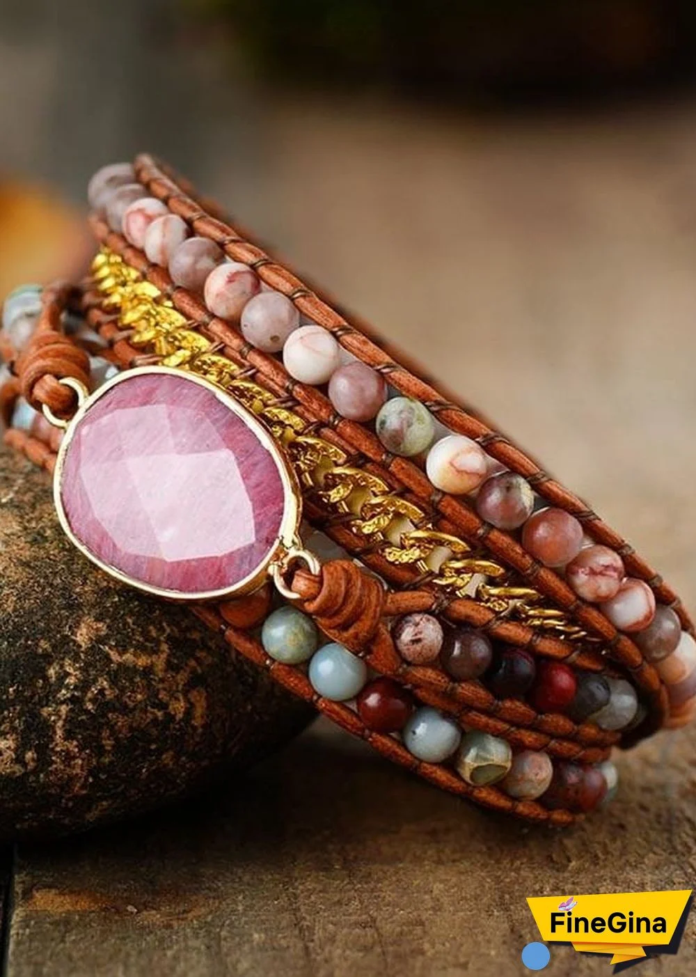 Boho Bracelet, 5 Layers Leather Wrap Bracelet, Pink Rhodonite