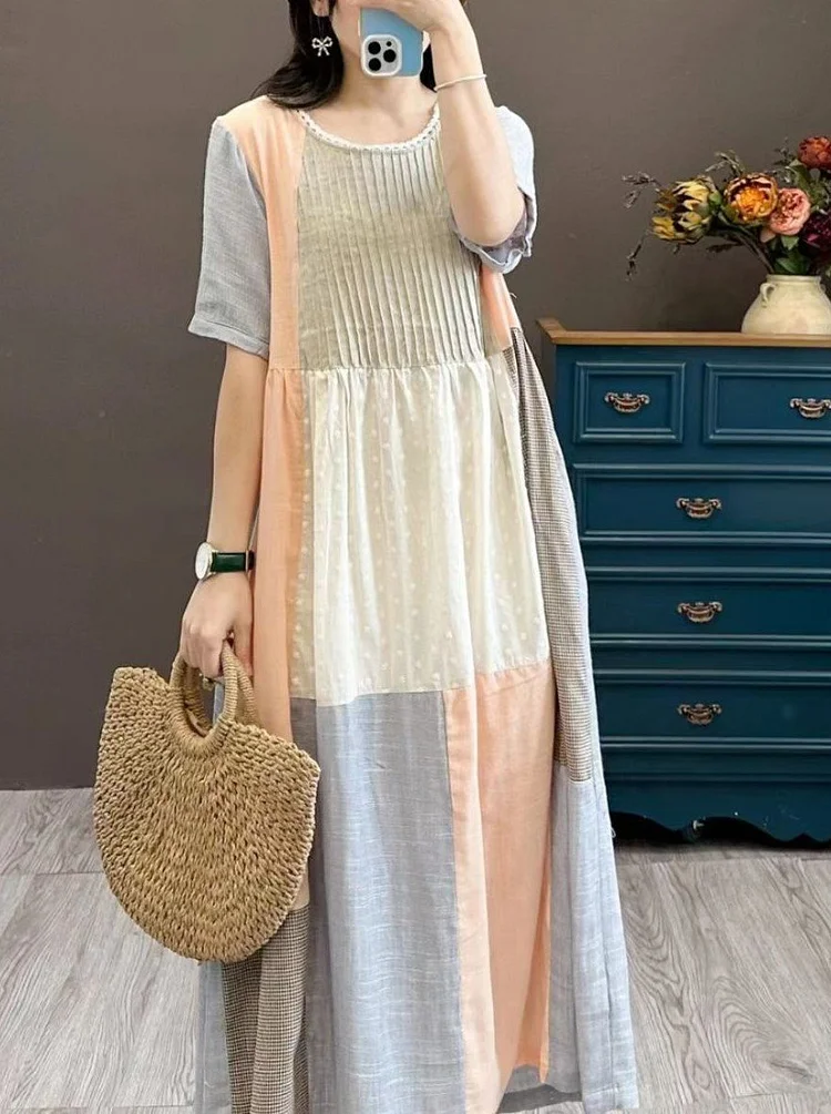 Women's Color Blocking Print Round Neck Short Sleeve Dress