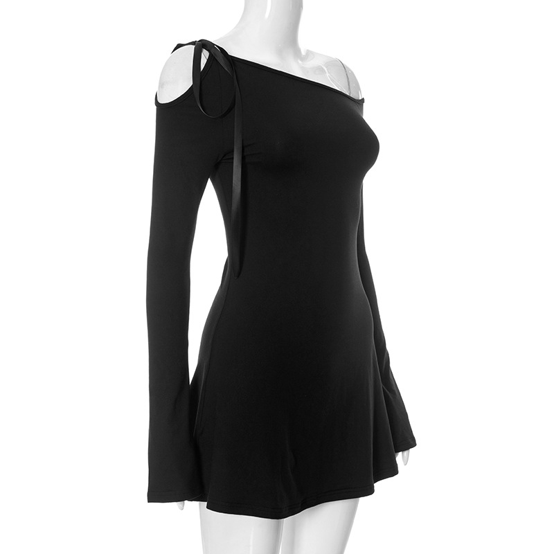 Ootddress Off-Shoulder Ruffled Bandage Mini Dress For Women Fashion Long Sleeve Patchwork Lace-Up Elegant Dress Female Solid Dress