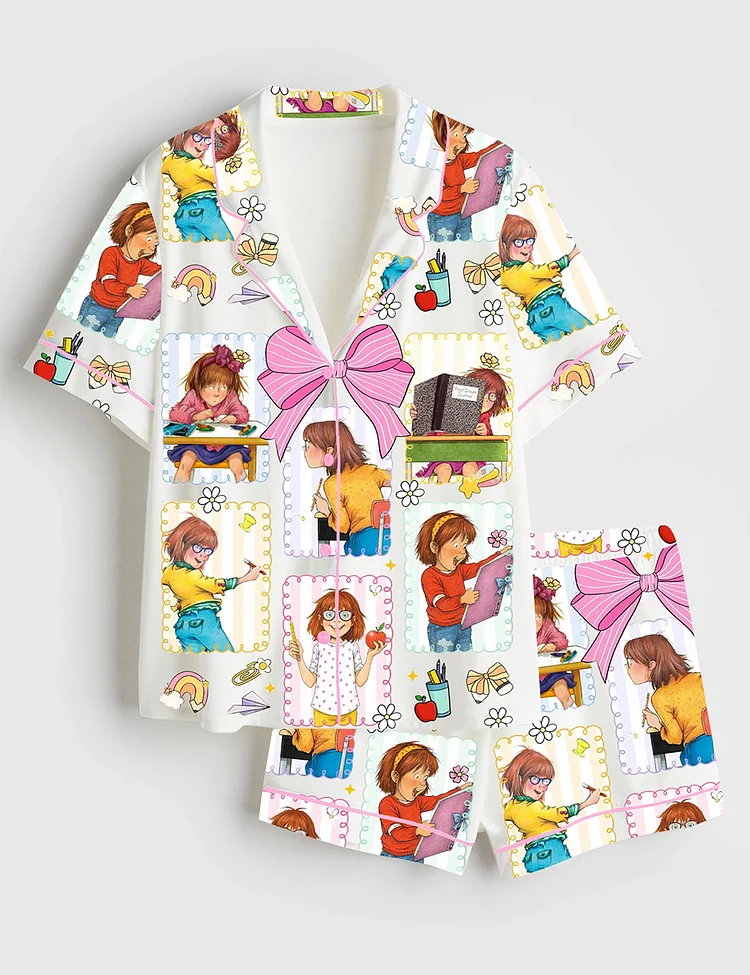 Women&rsquo;s Back To School Teacher Junie B Jones Coquette Bow Short Sleeve Satin Pajama Set