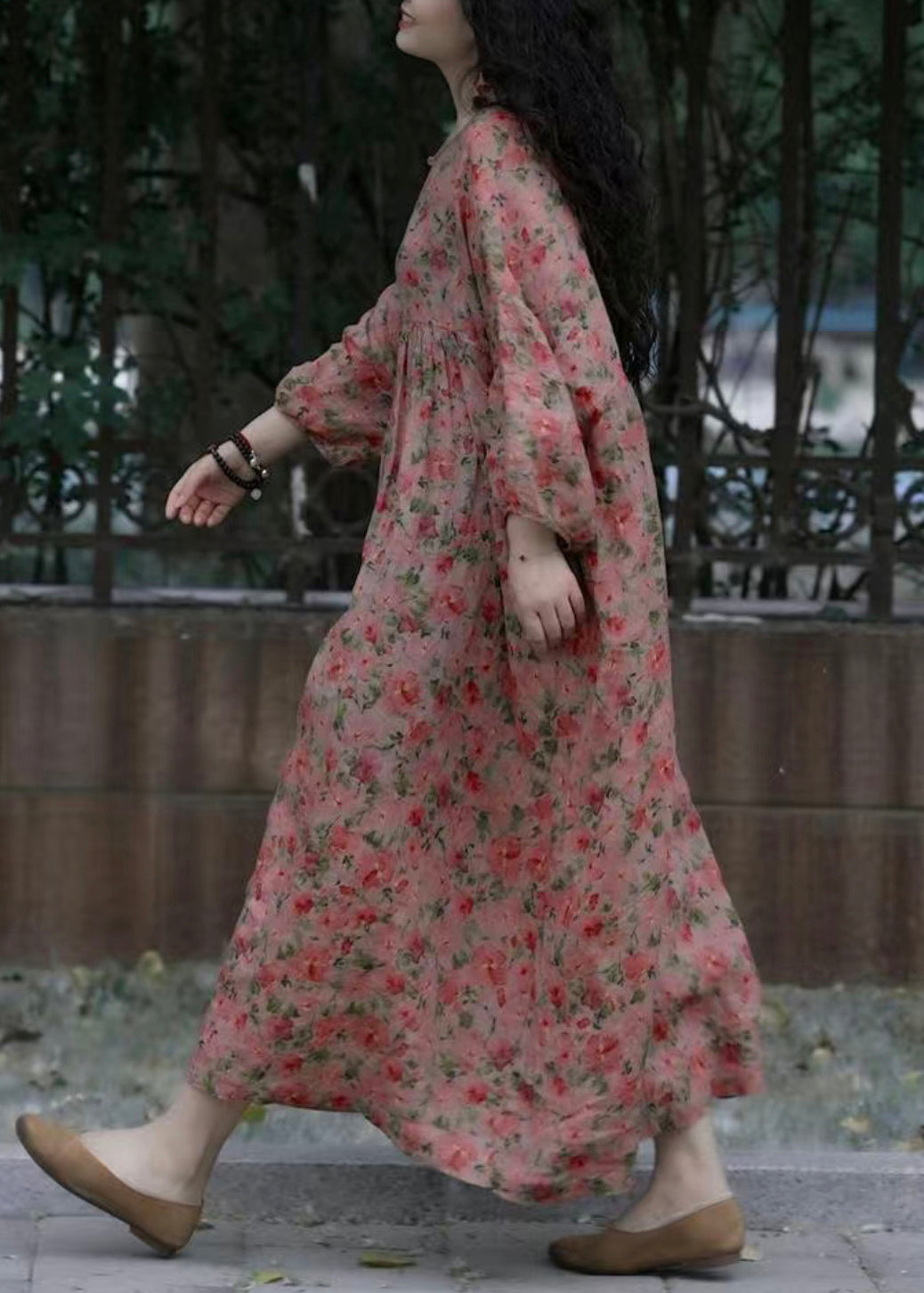 VCSHOES O-Neck Print Wrinkled Cotton Dresses Spring