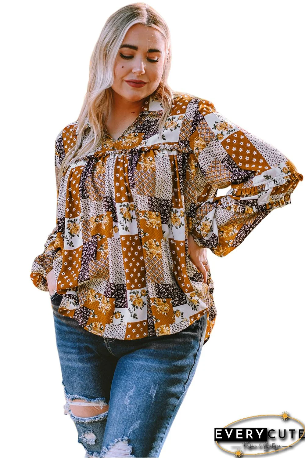 Apricot Turn-down Neck Mixed Print Plus Size Shirt