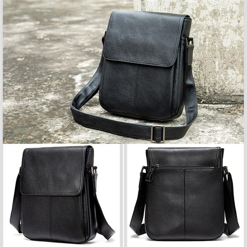 Black Single Tone Foldover Top Adjustable Sling Soft Leather Messenger Bag