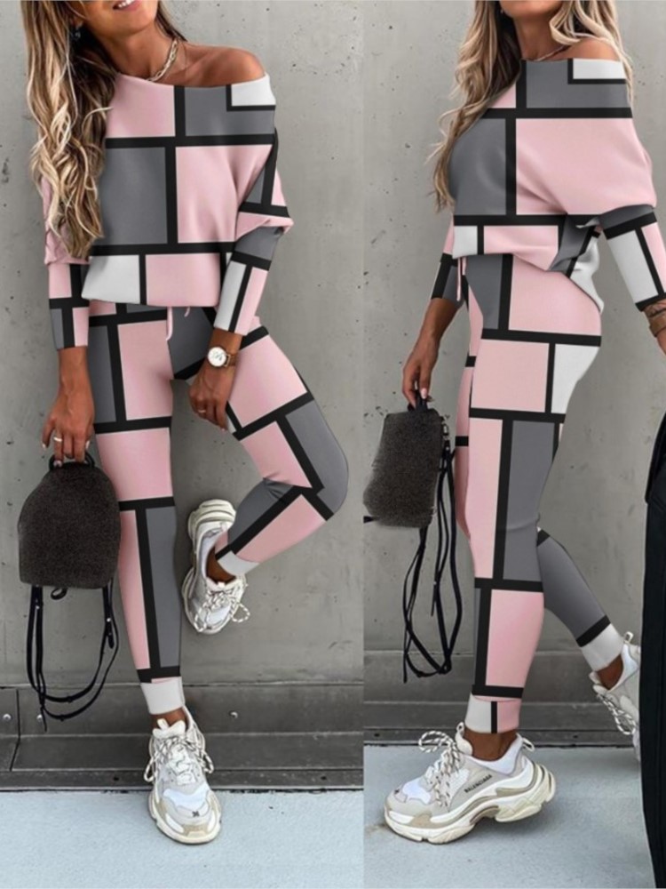Roigam Autumn Winter New Geometric Printed Women Long Sleeve T Shirt Sports Suit Simple Fashion Lace Up Casual Pants Female 2 Piece Set