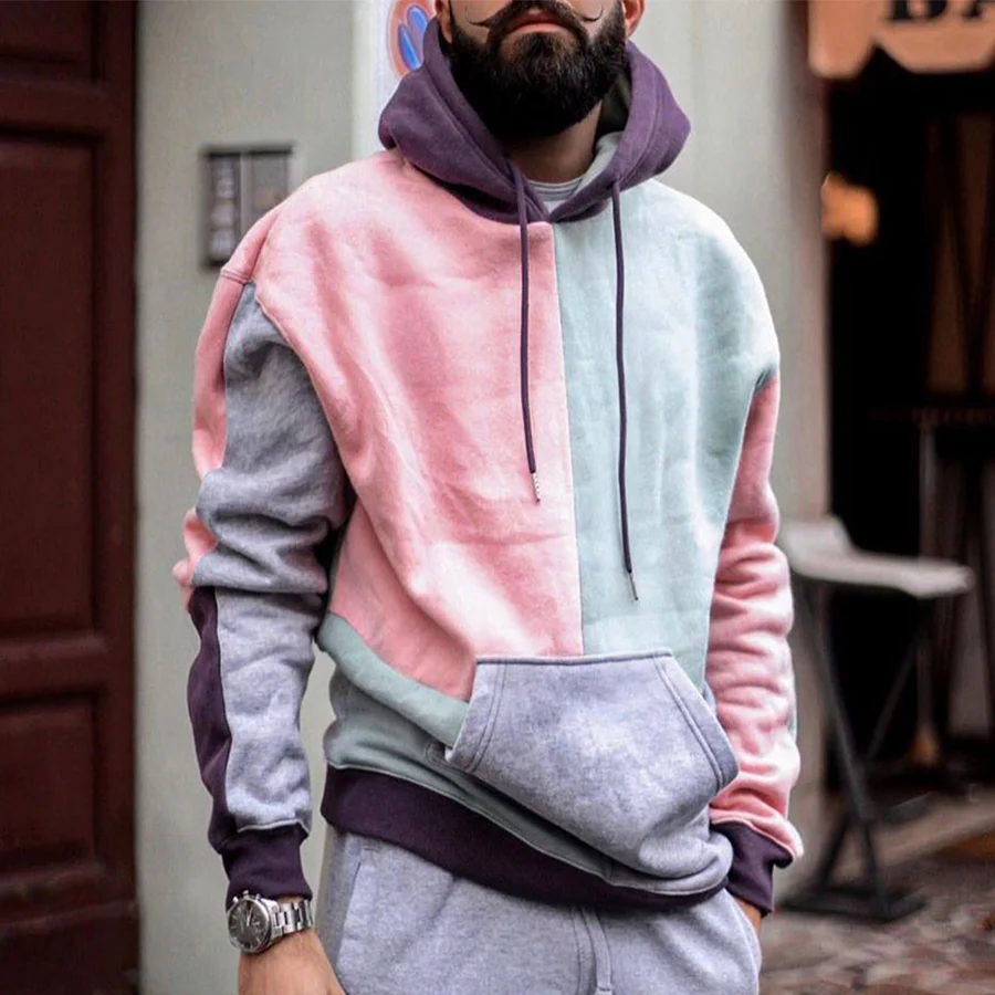 Mens Fashion Casual Color Contrast Stitching Hoodie