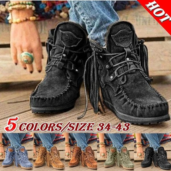 HOT Trend Fashion Faux Leather Tassel Boots for Women Short Platform Boots High Top Martin Boots Vintage Chunky Low Heel Short Boot Ankle Booties Flat Boots Autumn Winter Shoes for Female Plus Size - Shop Trendy Women's Fashion | TeeYours