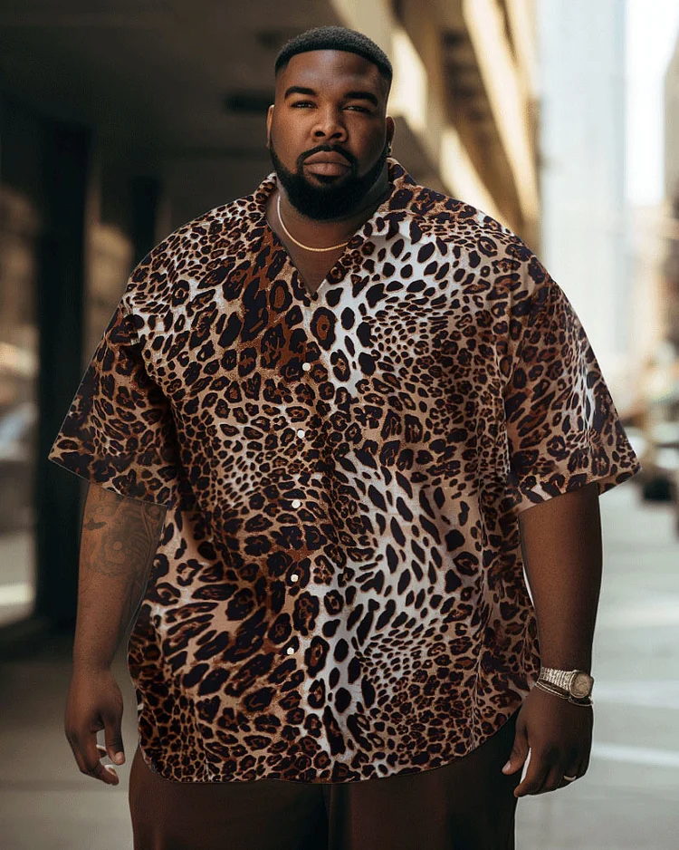 Men's Large Size Retro Snakeskin Leopard Print 90s Rock Gradient Element Short-Sleeved Shirt