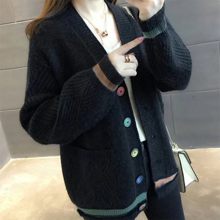 Casual Long Sleeve Striped  Buttoned Knitted Outerwear QueenFunky