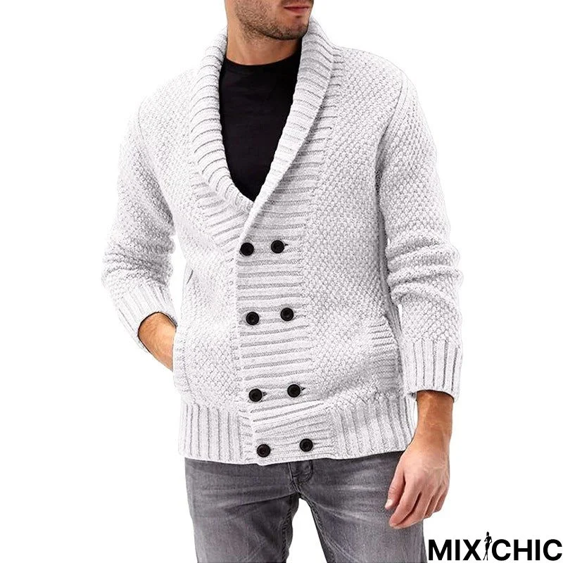 Men's Solid Color Lapel Double-Breasted Long Sleeve Knitted Coat