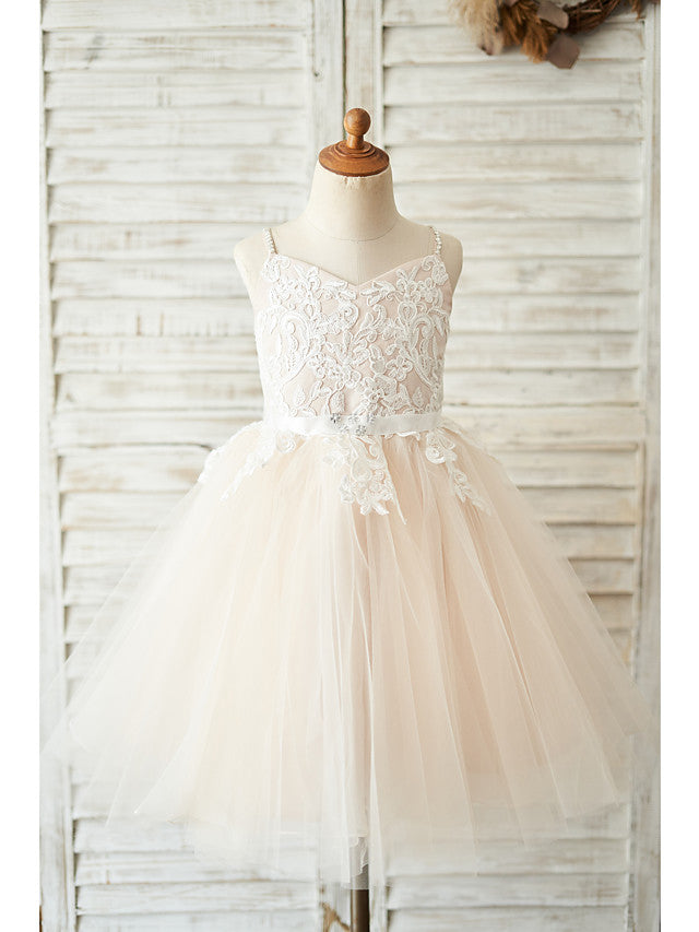 Oknass Ball Gown Sleeveless Spaghetti Strap Flower Girl Dress Lace Tulle With Belt  Crystals