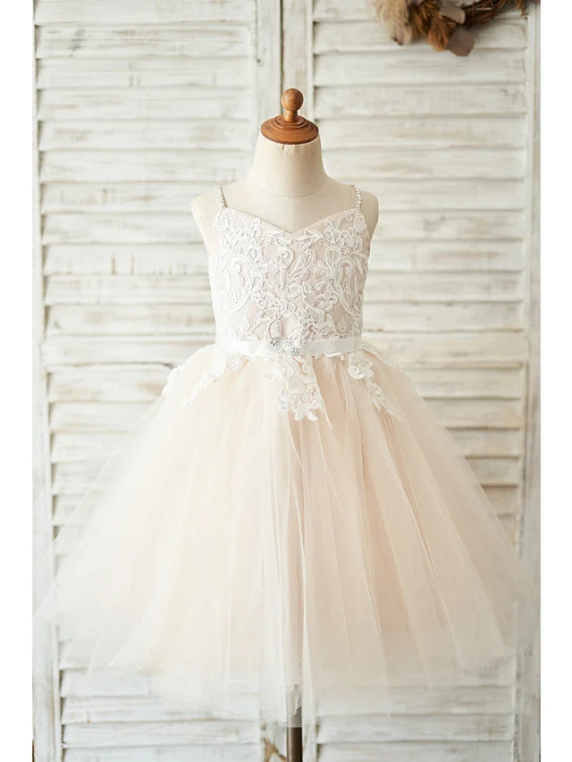 Daisda Ball Gown Sleeveless Spaghetti Strap Flower Girl Dress Lace Tulle With Belt  Crystals