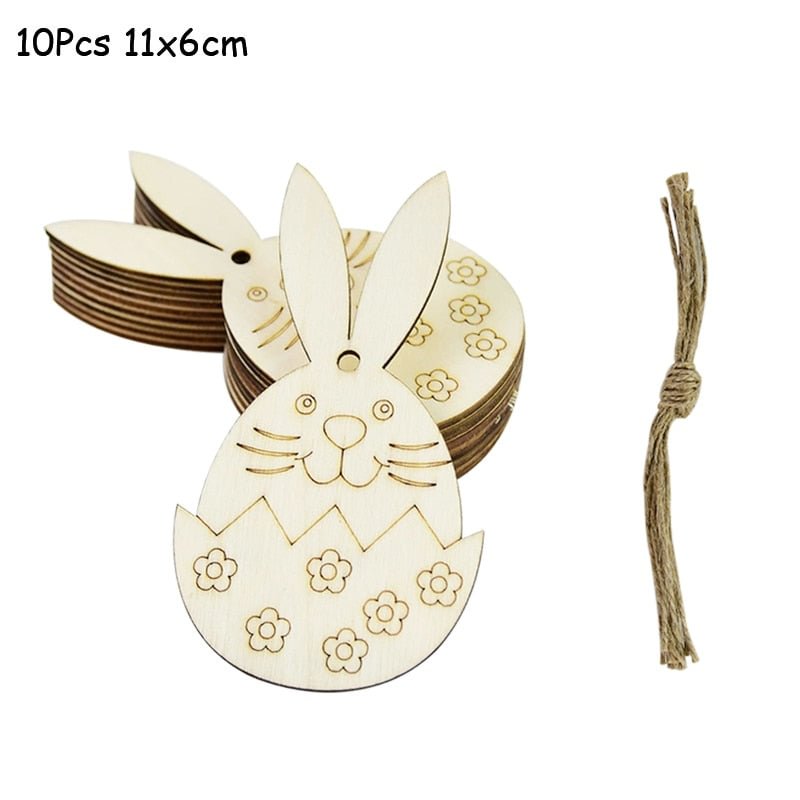10pcs DIY Happy Easter Wooden Rabbit Egg Pendants Unfinished Crafts Hanging Ornament With String For Home Easter Decoration Kids
