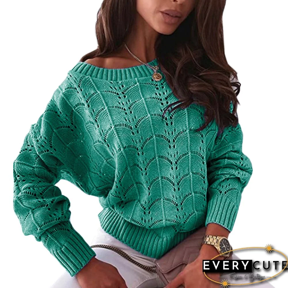 Green Hollow Out Bat Sleeve Off Shoulder Sweater