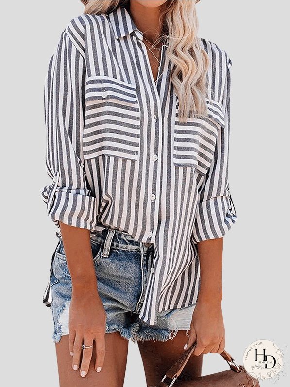 Blouses Striped Single-Breasted Long Sleeve Blouse for Women