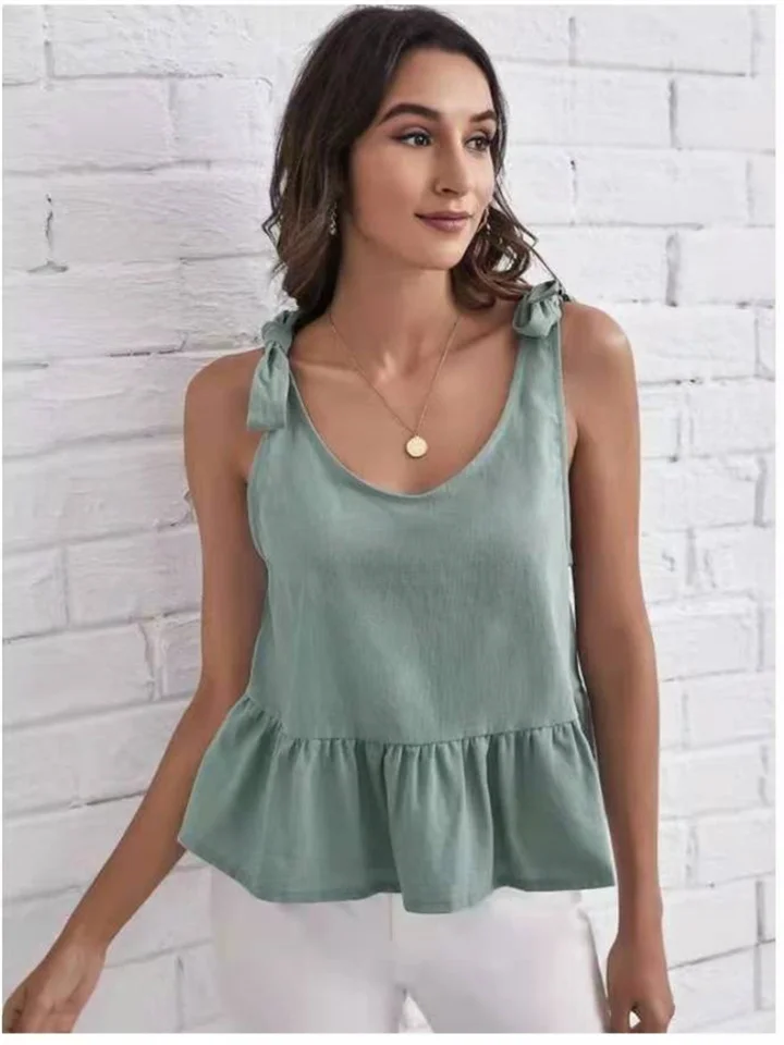Women's Fresh Vacation Style Loose V-neck Tops Summer New Ruffle Loose Type Pure Color Temperament Elegant Tops