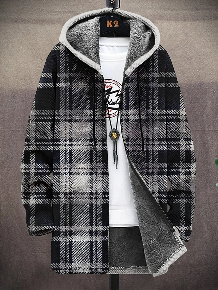Men's Casual Plaid Art Print Fleece Lined Hooded Trench Coat