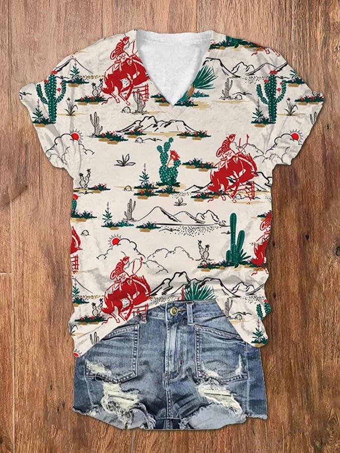Women's Casual West Cowboy Printed Short Sleeved T-shirt