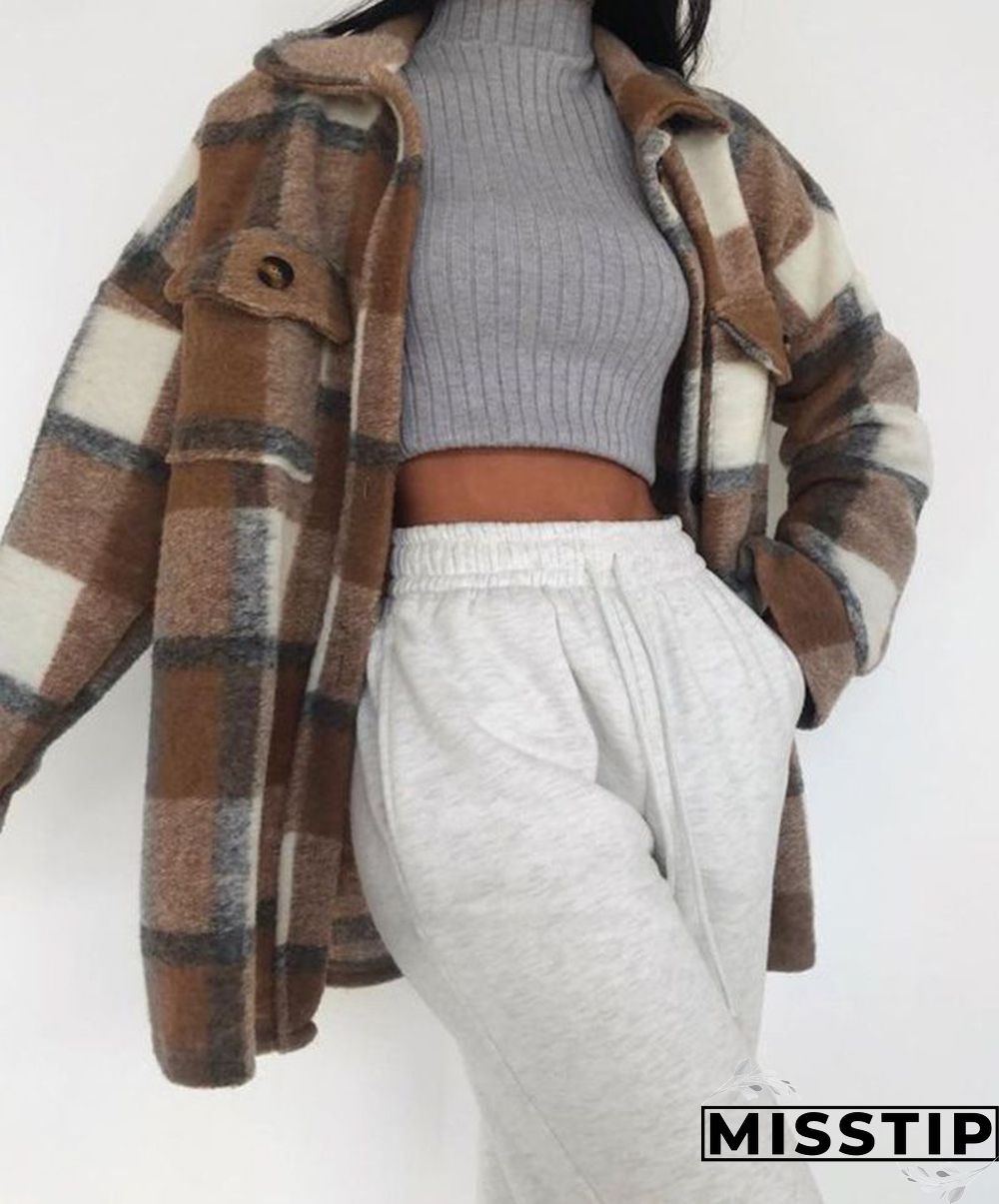 Classic Thick Colorblock Checked Button Down Shirt Jacket Woolen