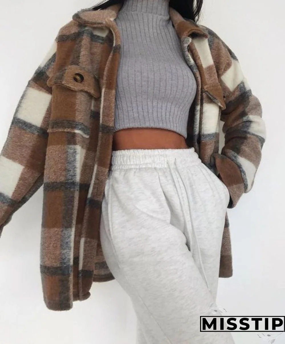 Classic Thick Colorblock Checked Button Down Shirt Jacket Woolen