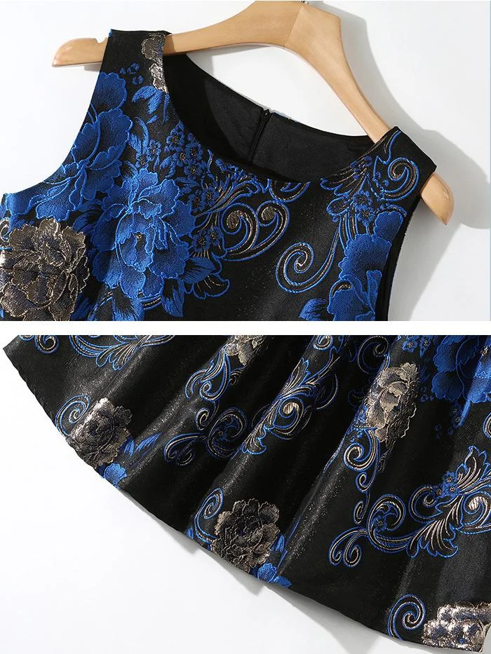 Temperament gold silk jacquard waist sleeveless dress