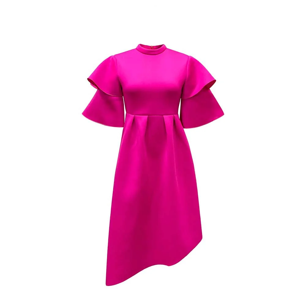 Uveng Summer Double-layer Ruffle Ruffled Sleeve Solid Color Wide Hem Dress Gown