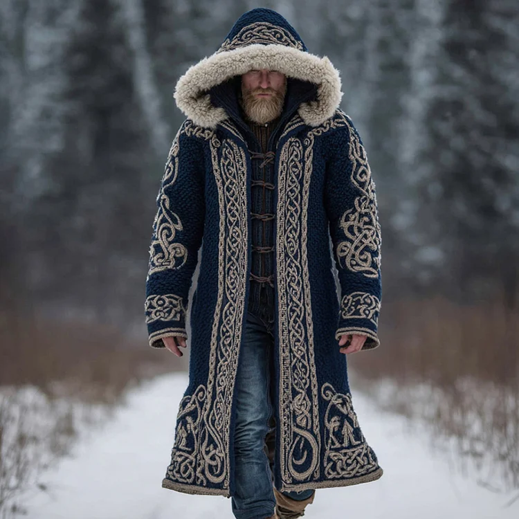 Men's Viking Celtic Knot Art Cozy Knit Fur Collar Hooded Cardigan
