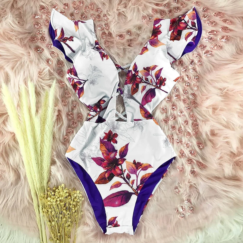 2022 New Sexy Ruffle Print Floral One Piece Swimsuit Off The Shoulder Swimwear Women Solid Deep-V Beachwear Bathing Suit Monkini