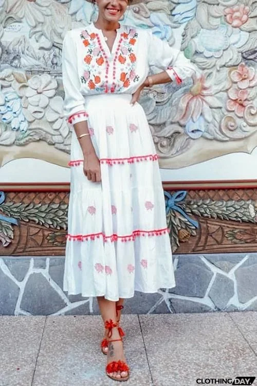 Embroidery Pom Pom Maxi Dress