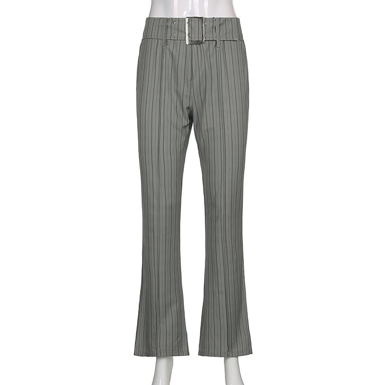 Sweetown White Striped Y2K Joggers Women Low Waist Streetwear Flare Pants With Sashes Vintage 90s Aesthetic Gray Girl Trousers