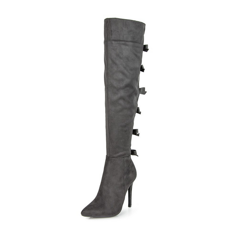 Dark Grey Vegan Suede Bow Long Boots Pointy Toe Over-the-knee Stiletto Boots |FSJ Shoes