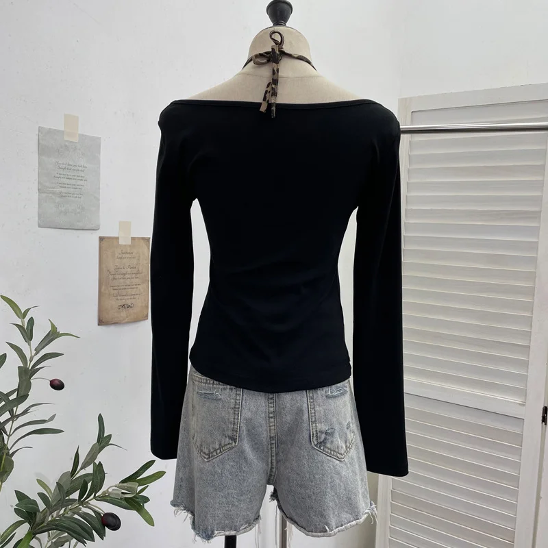 Nigikala Nigikala Shooting With Hanging Neck Leopard Print Splicing Two Long-Sleeved Tops A Short Shoulder Bottom T-Shirt 28787