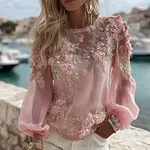 Women's Pink Flower Embroidery Art Pattern Long Sleeve T-shirt - Image 2